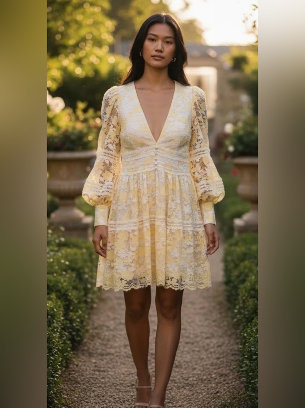 Bardot Pale Yellow Lace V-Neck Mini Dress